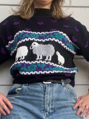 Cozy Cottagecore/Twee Black Sheep Motif Knit Sweater - Women's